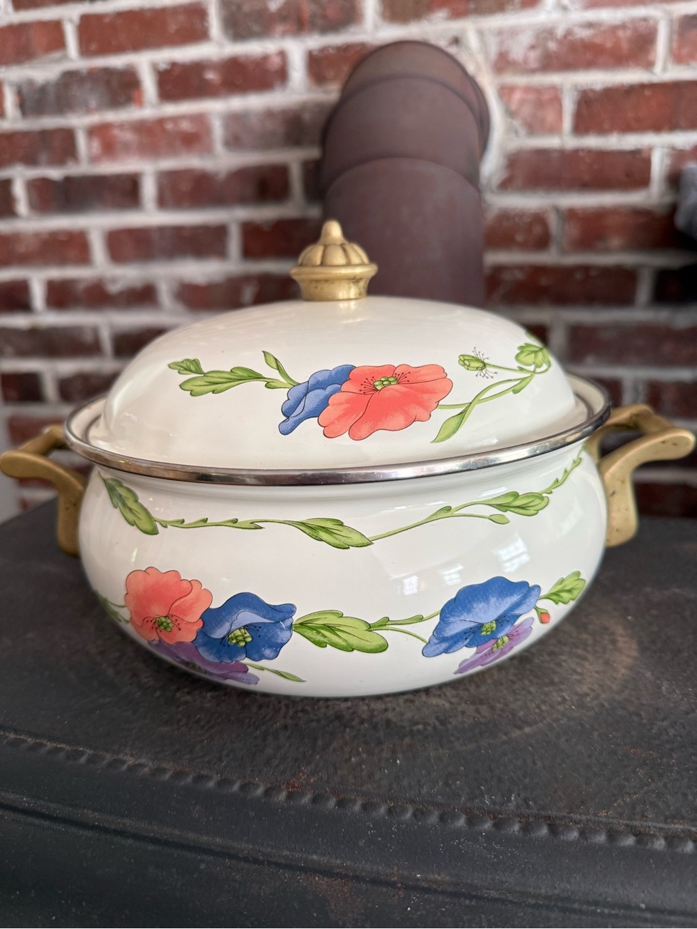White Floral Ceramic Covered Dutch Oven with Poppy Flowers